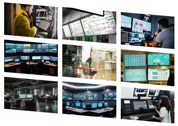 Collage de salas de control, videowalls y operadores trabajando