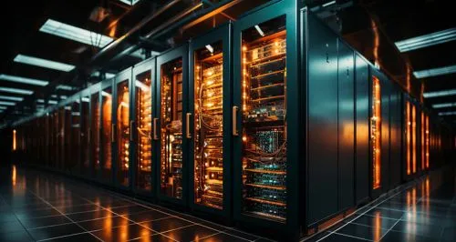 Racks de servidores iluminados en un centro de datos
