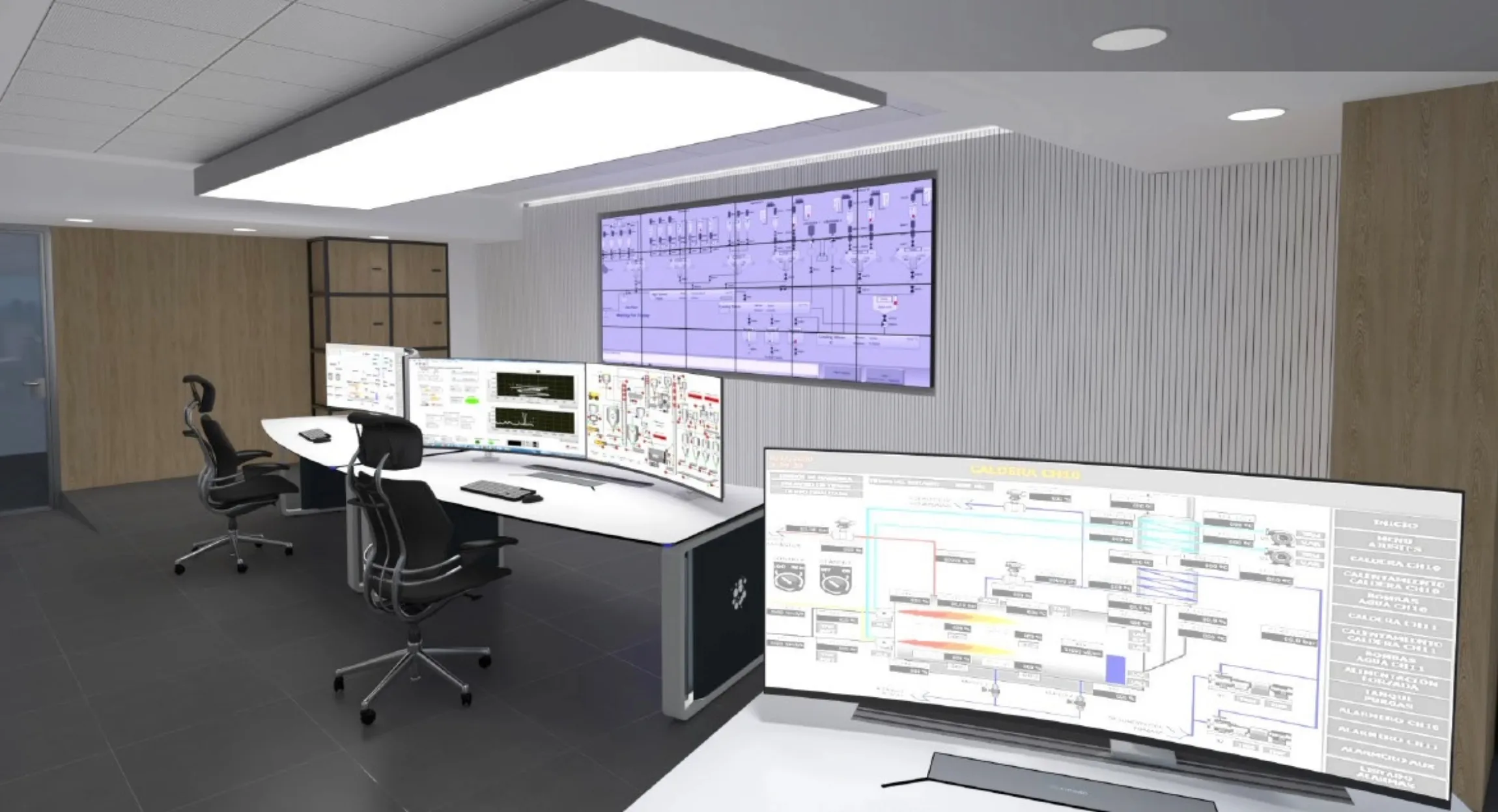 Render de un centro de control con videowall y puestos de operador